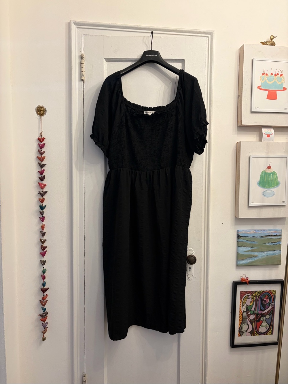 Black Smocked Puff-Sleeve Midi Dress